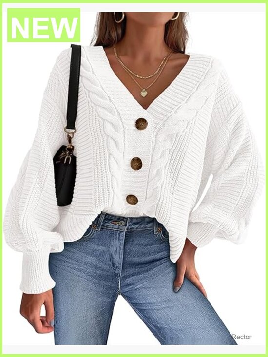 Sweaters - Chunky Cable Knit V-Neck Cardigan Sweater Button Up Long Sleeve